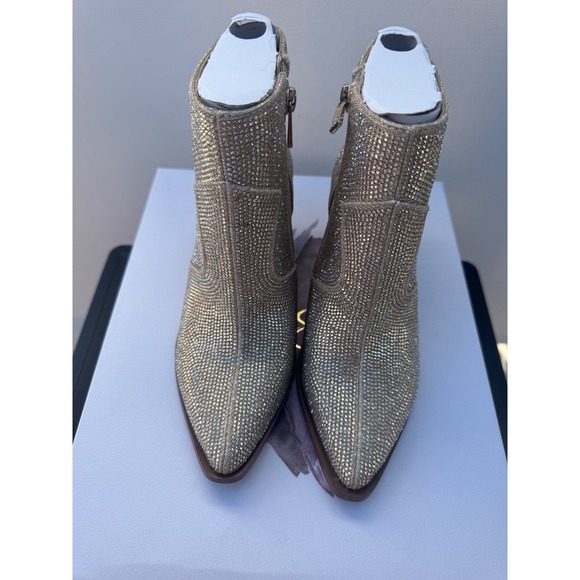 Jessica Simpson Zalor Champagne Glitter Gabor Rhinestone Ankle Boots Size 5M - Picture 1 of 5